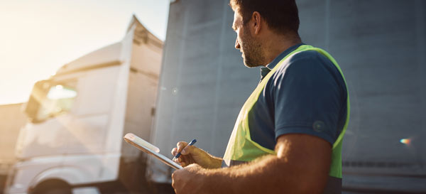 man in high visibility vest holding clipboard with truck in background